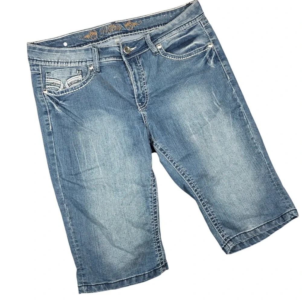 Royalty by YMI Blue Jean Long Shorts Bermuda Denim 12 Rhinestone Embellished Y2K